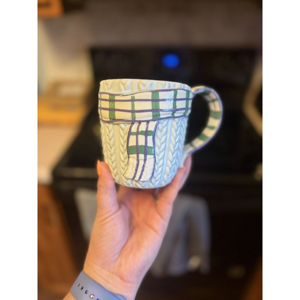 Anthropologie Foulard White Sweater Knit Purple & Green Scarf Stoneware Mug NEW